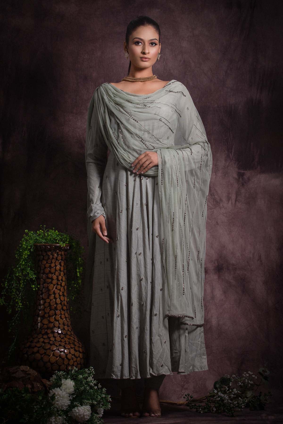 Ash Grey Silk Anarkali Set at ScrollnShops